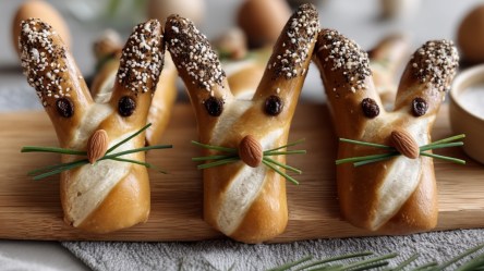 Drei Laugenstangen-Hasen auf einem Holzbrett.