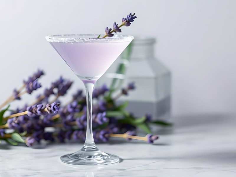 Ein Glas Lavendel Martini mit Lavendel im Hintergrund