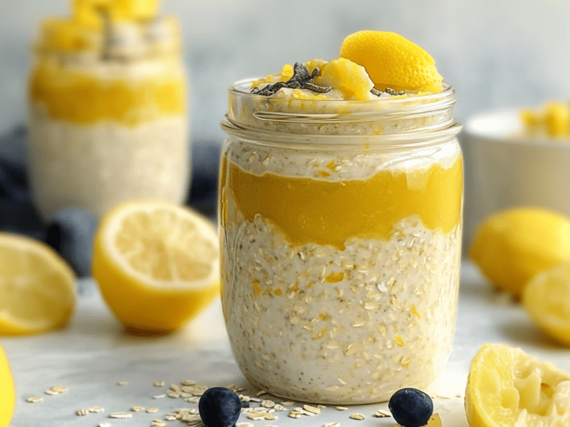 Lemon Curd Overnight Oats in Einmachgläsern. Drumherum liegen Zitronen.