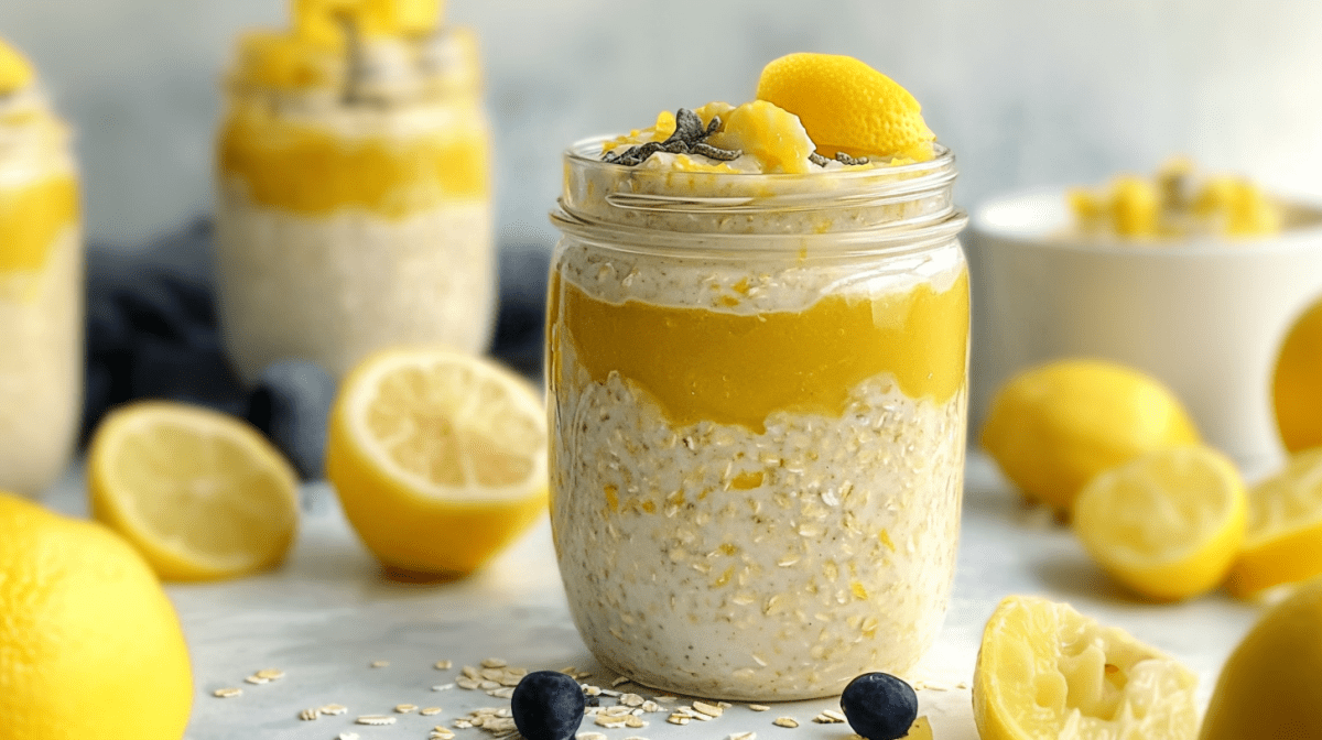Lemon Curd Overnight Oats in Einmachgläsern. Drumherum liegen Zitronen.
