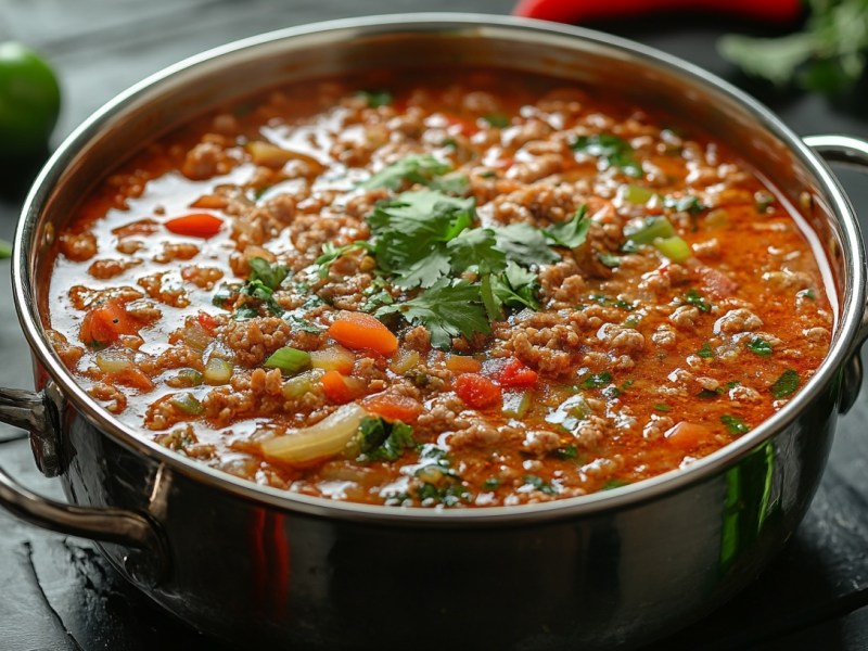 Letscho-Topf mit Hackfleisch und Paprika, bestreut mit Petersilie, in Tomatensoße in einem Topf, drumherum einige Paprikaschoten.
