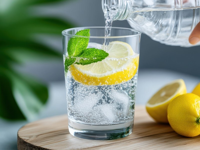 Lohnt sich ein Wassersprudler? Eine Hand gießt Sprudelwasser in ein Glas.