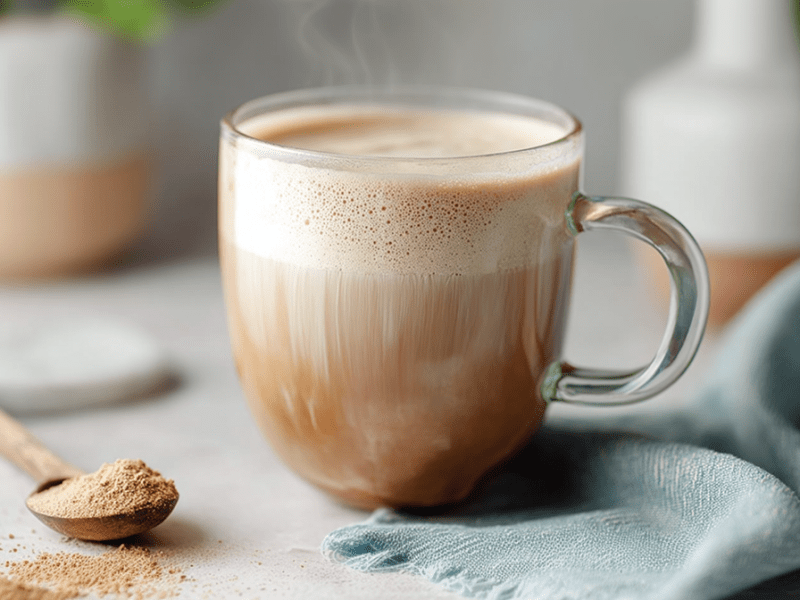 Eine Glastasse mit Maca Latte. Neben dem Getränk liegt ein Holzlöffel mit Maca-Pulver. Außerdem ist ein blaues Tuch neben der Tasse drapiert. Im Hintergrund kann man Blumentöpfe mit Pflanzen erkennen.