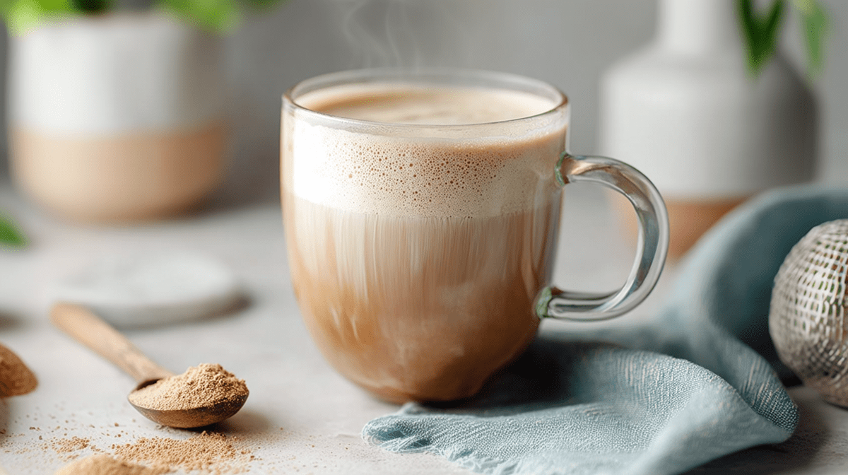 Eine Glastasse mit Maca Latte. Neben dem Getränk liegt ein Holzlöffel mit Maca-Pulver. Außerdem ist ein blaues Tuch neben der Tasse drapiert. Im Hintergrund kann man Blumentöpfe mit Pflanzen erkennen.