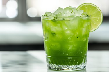 Ein Glas Matcha Gin Fizz auf einem Tisch
