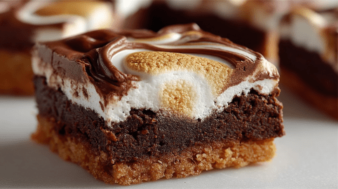 Ein Stück Marshmallow-Schnitten vom Blech mit Keksboden.