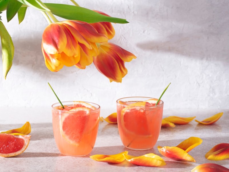 2 Gläser Martini Tonic garniert mit frischer Grapefruit, daneben ein paar Tulpen.