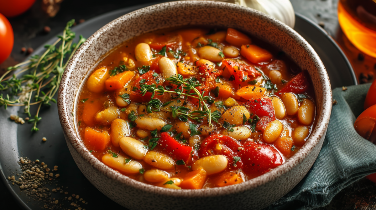 Eine Schüssel mediterraner Bohneneintopf auf einem grauen Teller. Rechts neben der Schüssel liegt ein Tuch und eine rote Paprika. Dahinter steht eine Flasche Öl. Hinter der Schüssel liegt eine Knoblauchknolle. Links neben der Schale liegt noch etwas Thymian.