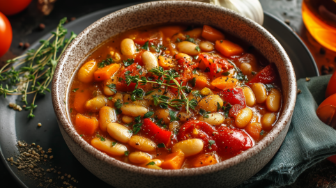 Eine Schüssel mediterraner Bohneneintopf auf einem grauen Teller. Rechts neben der Schüssel liegt ein Tuch und eine rote Paprika. Dahinter steht eine Flasche Öl. Hinter der Schüssel liegt eine Knoblauchknolle. Links neben der Schale liegt noch etwas Thymian.
