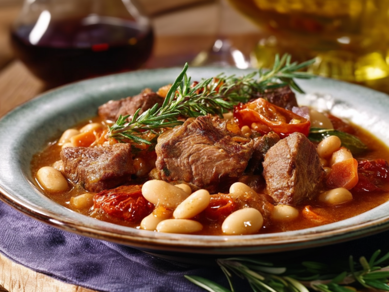 Ein Teller mediterranes Lamm-Ragout mit Rosmarin und Thymian.