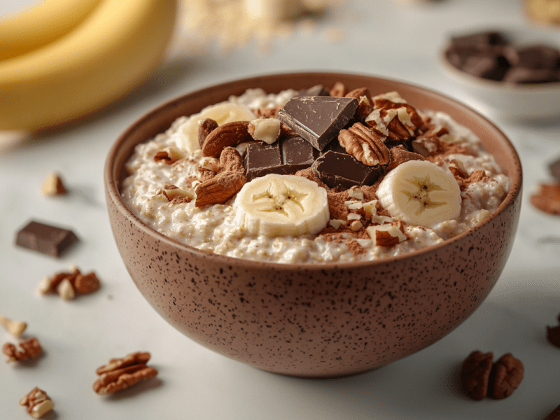 Eine Schale mit Mikrowellen-Porridge steht auf einem weißen Tisch. Es ist mit Bananenscheiben, Nüssen und zerbrochener Schokolade zubereitete. Um die Schale verteilt liegen Nüsse sowie Schokoladenstücke. Im Hintergrund links liegen zwei Bananen. Im Hintergrund in der Mitte weitere Haferflocken, im Hintergrund rechts eine Schale mit Zartbitterschokolade.