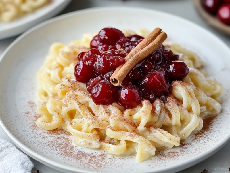 Teller Milchnudeln mit Kirschkompott