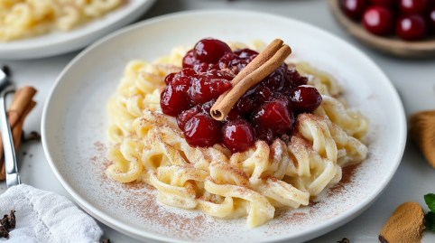 Teller Milchnudeln mit Kirschkompott