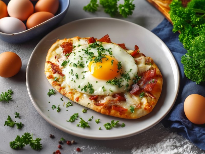 Teller mit Mini-Frühstückspizza, Zutaten daneben