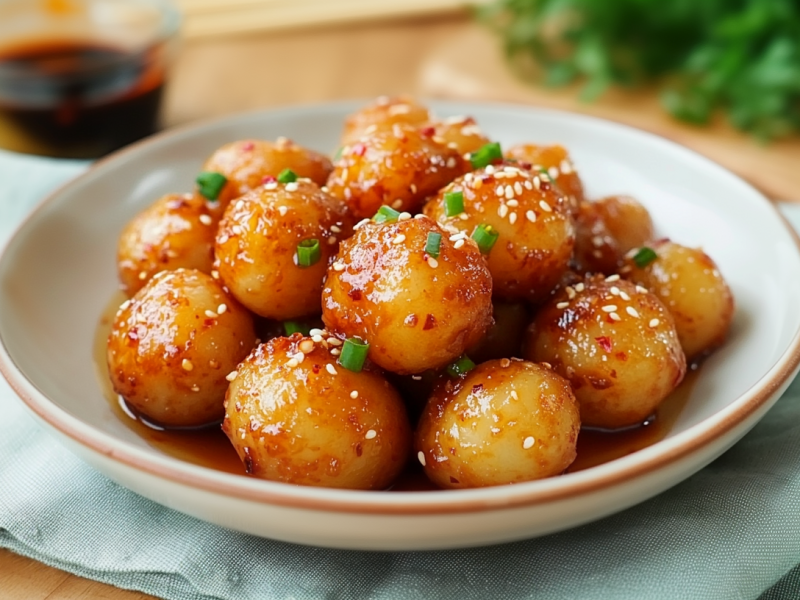 Mehrere scharfe Mini-Knödel liegen auf einem Teller. Sie sind mit einer scharfen Soße übergossen und mit Schnittlauch und Sesamsaden garniert. Im Hintergrund sieht man ein Glas mit Sojasoße sowie frische Kräuter.