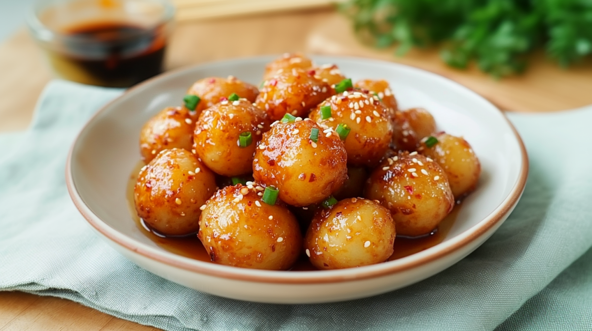 Mehrere scharfe Mini-Knödel liegen auf einem Teller. Sie sind mit einer scharfen Soße übergossen und mit Schnittlauch und Sesamsaden garniert. Im Hintergrund sieht man ein Glas mit Sojasoße sowie frische Kräuter.