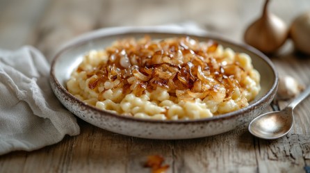 Ein Teller Miso-Spätzle mit karamellisierten Zwiebeln, daneben ein Löffel und eine Stoffserviette, im Hintergrund unscharf Zwiebeln.