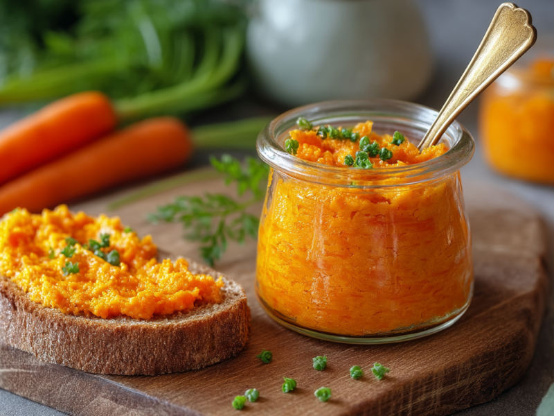 Ein Glas mit Möhrenbutter steht auf einem Holzbrett. Daneben liegt ein Brot auf dem die Möhrenbutter verteilt ist. Im Hintergrund liegen weitere Möhren sowie weitere Gläser mit Möhrenbutter.
