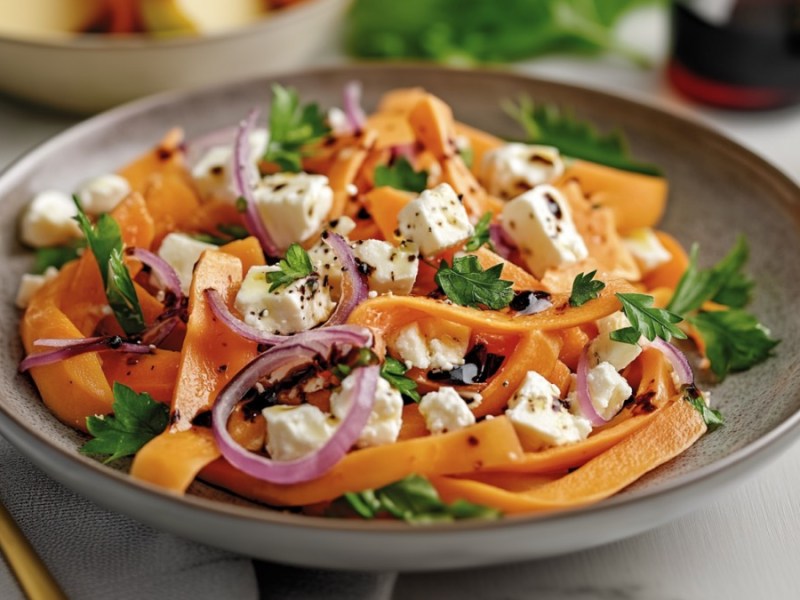 Eine Schüssel Möhrensalat mit Apfel und Feta.