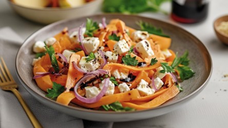 Eine Schüssel Möhrensalat mit Apfel und Feta.