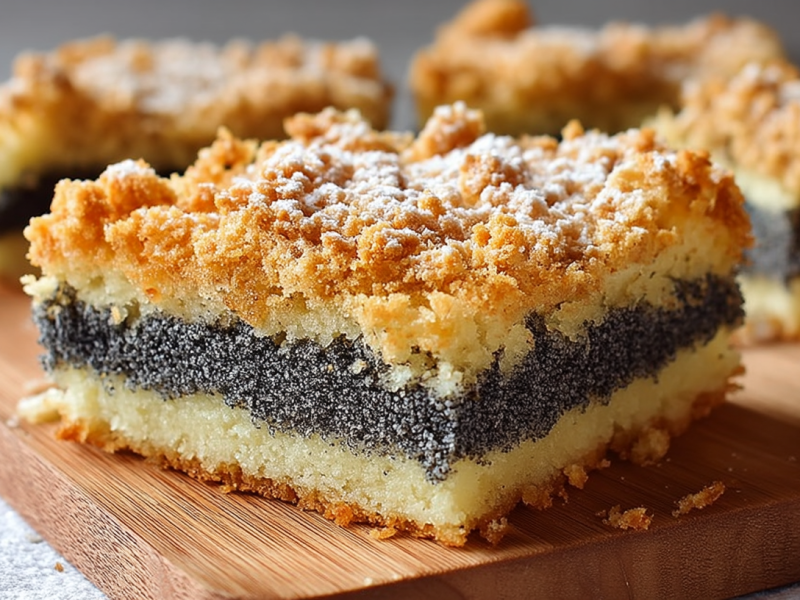 Ein Stück Mohn-Streuselkuchen vom Blech, mit etwas Puderzucker bestreut.