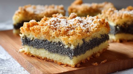 Ein Stück Mohn-Streuselkuchen vom Blech, mit etwas Puderzucker bestreut.