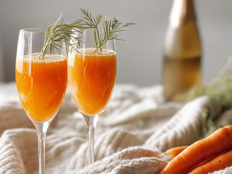 Zwei Gläser Möhren-Mimosa mit Sektflasche im Hintergrund