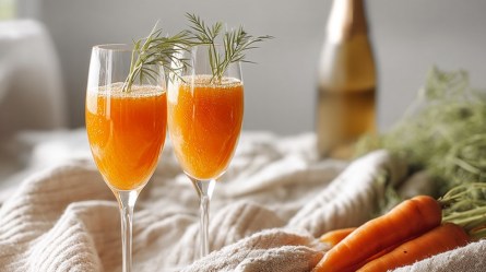 Zwei Gläser Möhren-Mimosa mit Sektflasche im Hintergrund