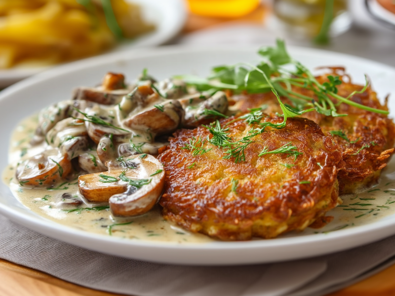 Zwei Mozzarella-Kartoffelrösti auf einem weißen Teller. Sie sind mit einer Pilz-Rahmsoße angerichtet und mit frischen Kräutern garniert. Im Hintergrund sieht man weitere geschnittene Kartoffeln, etwas Öl sowie weitere Kräuter.