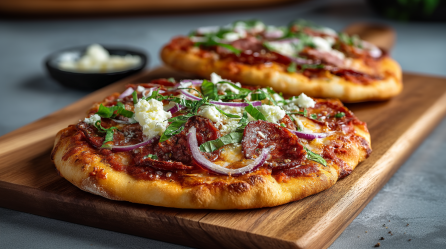Ein Holzbrett, auf dem zwei Naan-Pizzen liegen, die mit scharfer Salami, roten Zwiebelringen, Mozzarella und frischem Basilikum belegt sind. Im Hintergrund kann man eine kleine Schale mit zerzupftem Mozzarella sehen.