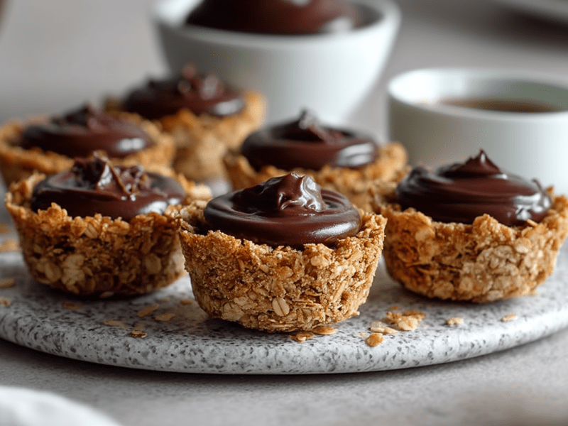 Sechs No-Bake Granola-Cups stehen auf einer marmorierten Unterlage. Sie sind mit einer Schokocreme gefüllt. Im Hintergrund sieht man eine Schale mit der Schokocreme sowie einen Becher Kaffee.