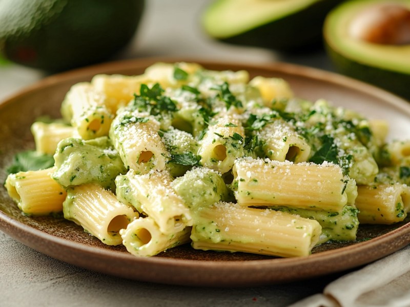 Ein Teller Nudeln mit Avocado-Feta-Soße, dahinter ein paar Avocados.