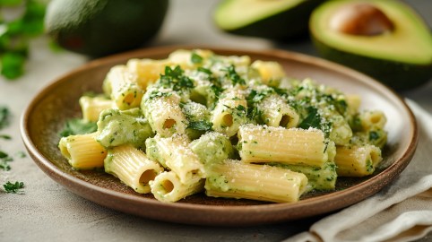 Ein Teller Nudeln mit Avocado-Feta-Soße, dahinter ein paar Avocados.