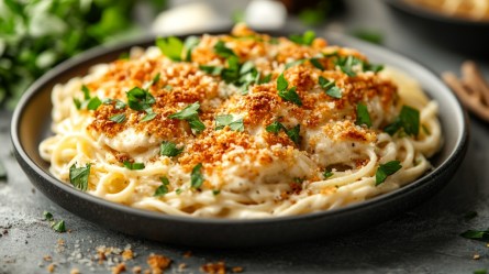 Teller Nudeln mit Parmesansoße und Knusperhaube