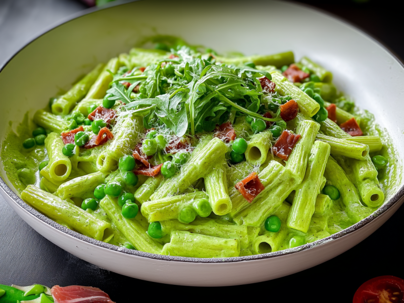 Ein Teller mit Nudeln mit Spargel und Erbsen und Pancetta.