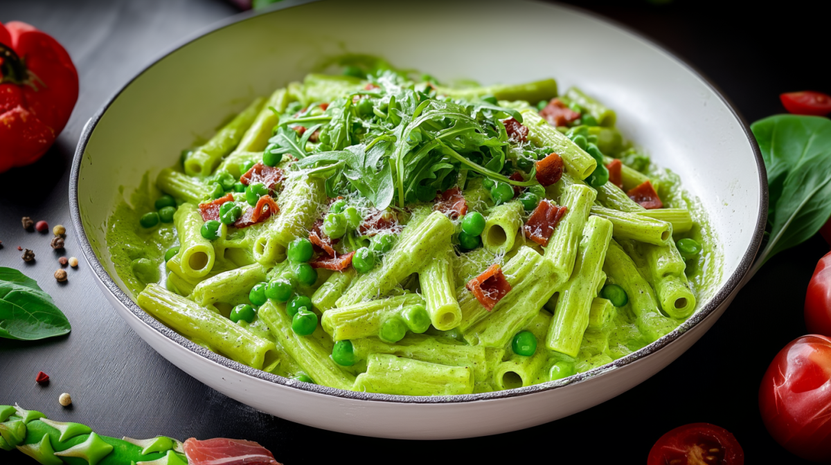 Ein Teller mit Nudeln mit Spargel und Erbsen und Pancetta.