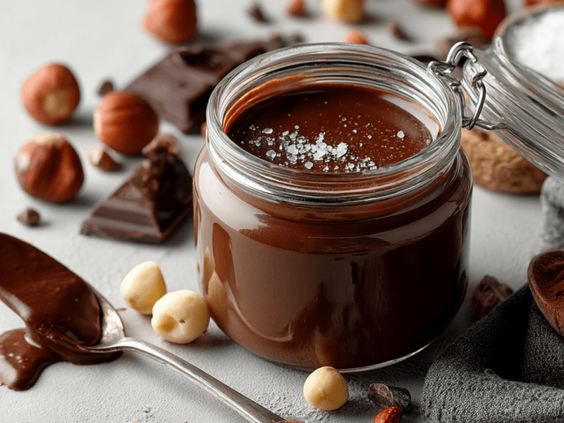 Ein Glas Nuss Nougat Creme ohne Zucker, bestreut mit etwas Meersalz.