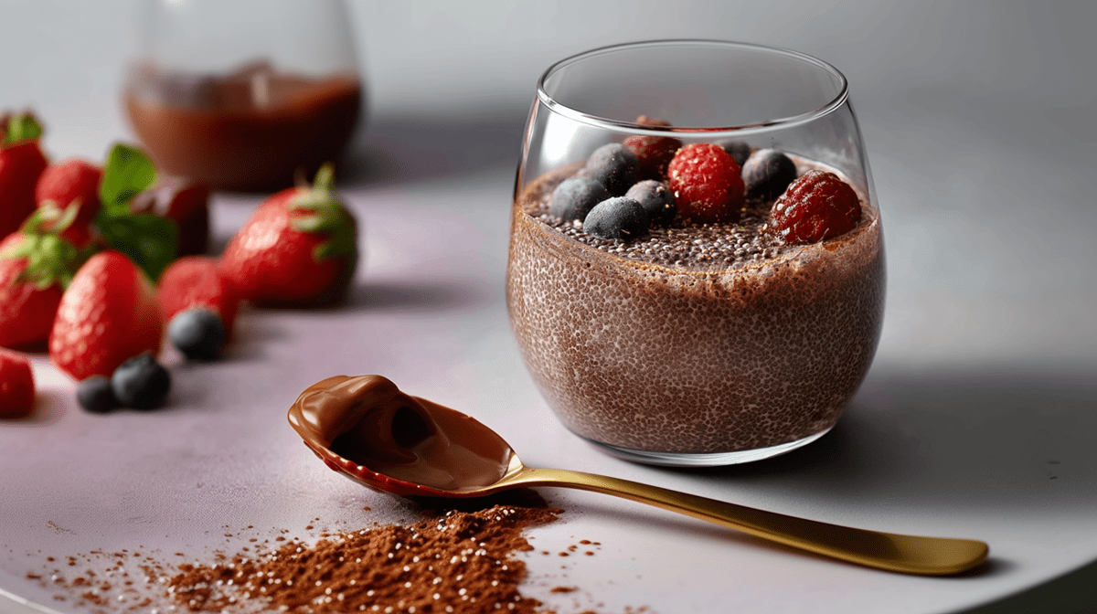 Ein Glas mit Nutella-Chiapudding, der mit verschiedenen Beeren garniert ist. Vor dem Glas liegt ein goldener Löffel mit Nutella, sowie Kakaopulver und Chiasamen. Im Hintergrund sieht man ein Glas mit Nutella und verschiedene Beeren.