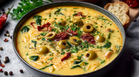 Eine sehr große Schüssel mit Olivensuppe, die außerdem getrocknete Tomaten, Spinat und Orzo enthält und mit frischem Basilikum garniert ist. Um die Schüssel herum liegen Pfefferkörner verstreut und im Hintergrund sind frische Kräuter und deine Scheibe Baguette zu sehen.