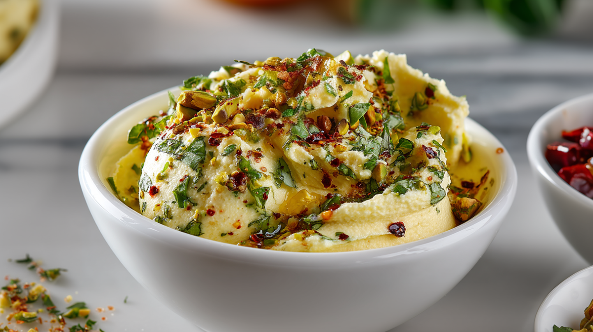 Eine Schale mit Orangen-Pistazien-Butter, die auf einer hellen Arbeitsfläche steht. Rechts kann man angeschnitten eine Schale mit roten Chilis erkennen.