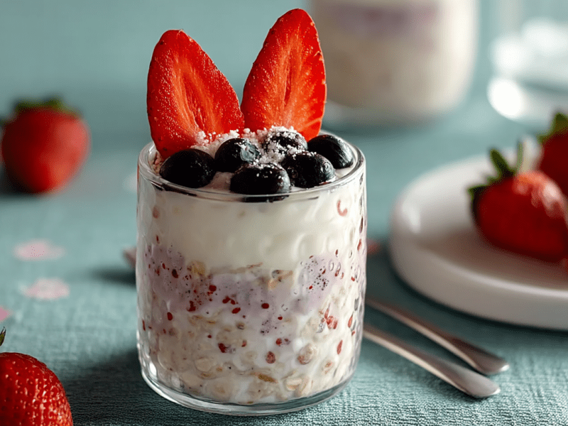 Ein Glas mit Oster-Overnight-Oats, das zwei Erdbeeren wie Hasenohren aufgesetzt bekommen hat.