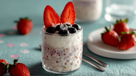 Ein Glas mit Oster-Overnight-Oats, das zwei Erdbeeren wie Hasenohren aufgesetzt bekommen hat.