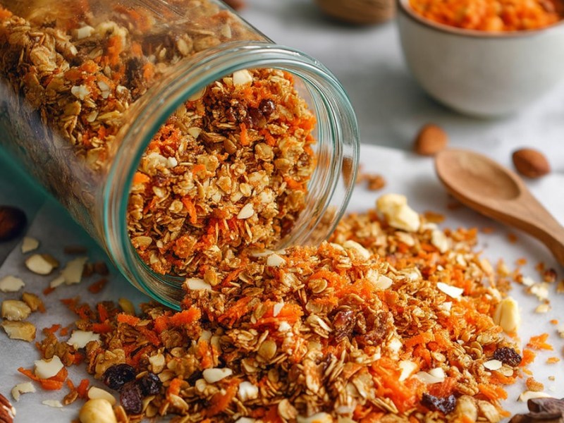 Ein großes umgekipptes Glasgefäß mit Ostermüsli, das verschüttet auf einer mit weißem Backpapier ausgelegten Arbeitsfläche liegt. Außerdem sind ein Holzlöffel und einige ganze Nüsse zu sehen. Im Hintergrund steht eine Schale mit geraspelten Karotten.