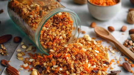 Ein großes umgekipptes Glasgefäß mit Ostermüsli, das verschüttet auf einer mit weißem Backpapier ausgelegten Arbeitsfläche liegt. Außerdem sind ein Holzlöffel und einige ganze Nüsse zu sehen. Im Hintergrund steht eine Schale mit geraspelten Karotten.