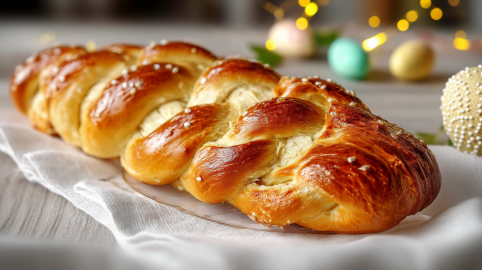 Ein Osterzopf liegt auf einem weißen Tuch. Im Hintergrund sieht man drei gefärbte Eier, sowie ein wenig Licht.