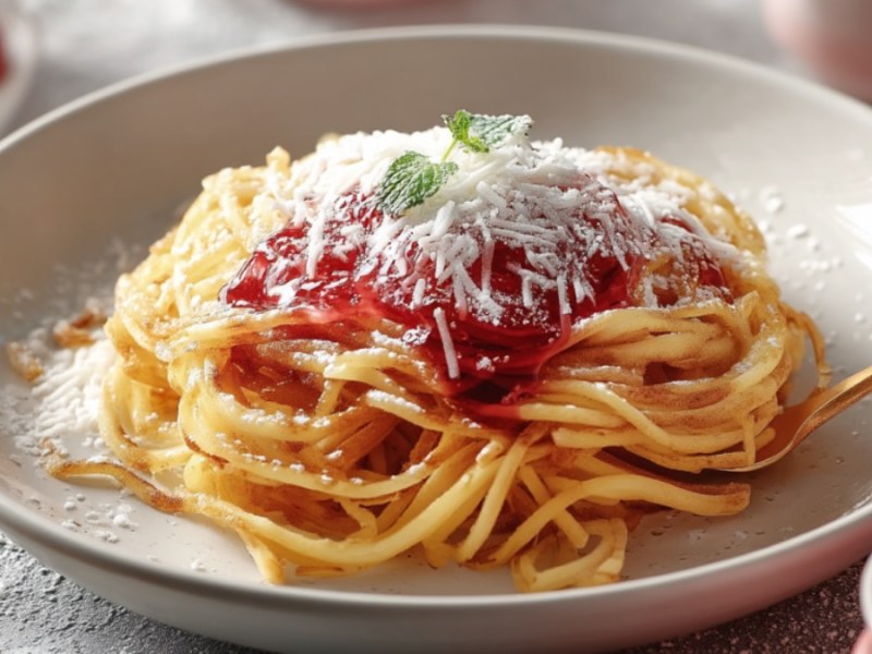 Ein Teller Pancake-Spaghetti mit Erdbeermarmelade und weißer Schokolade.