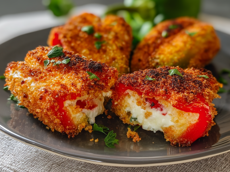Vier panierte Feta-Paprika liegen auf einem grauen Teller. Sie sind mit einigen frischen Kräutern bestreut. Im Hintergrund liegt noch eine rote sowie grüne Paprikaschote.