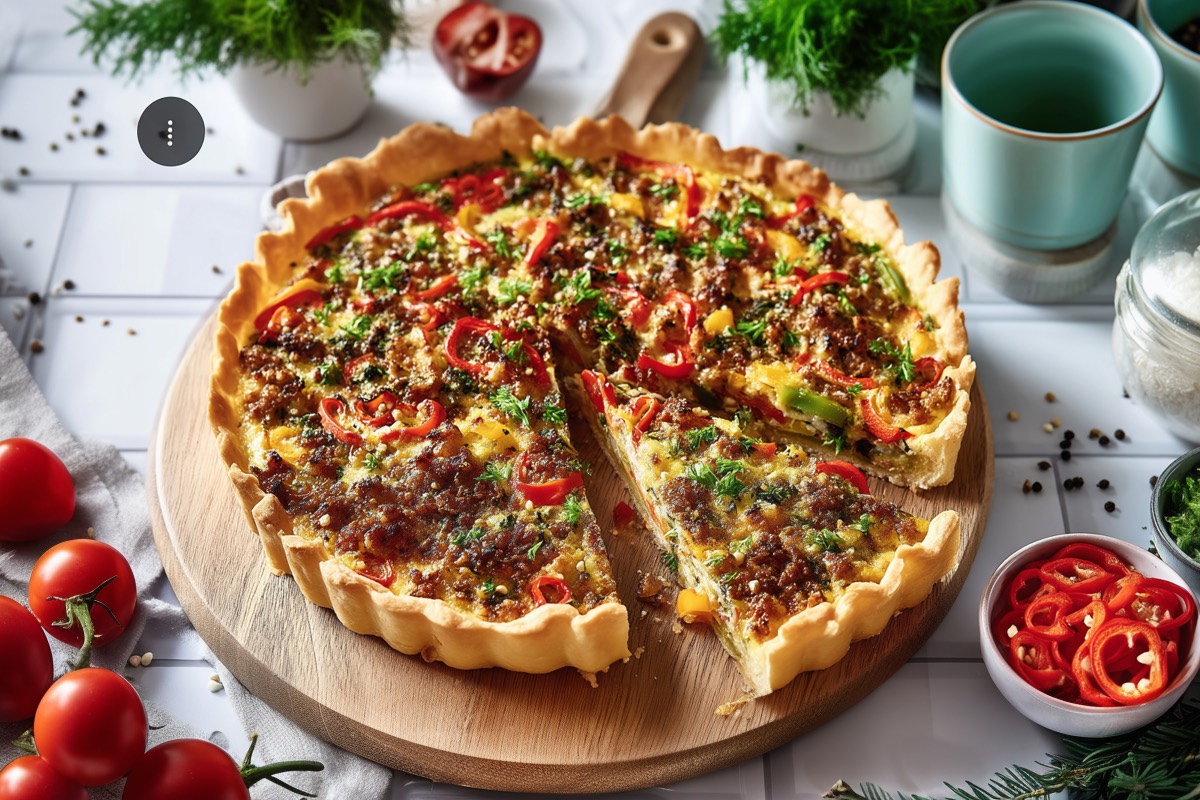 Ein Paprika-Hack-Kuchen auf einem runden Holzbrett. Ein Stück wurde bereits herausgeschnitten, liegt aber noch im Kuchen,.