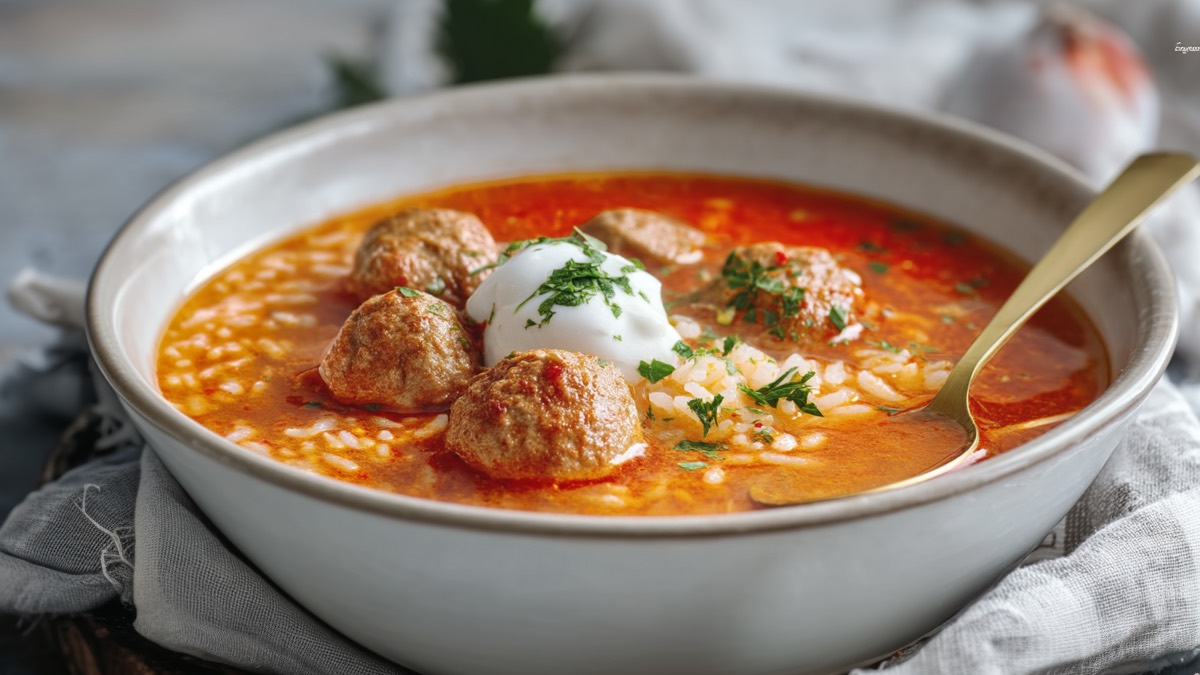 Eine Schüssel Paprika-Reis-Suppe mit Hackbällchen mit einem Löffel.