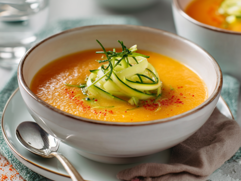 Eine Schale Paprika-Rhabarbersuppe auf einer Unterschale. Daneben liegt ein Löffel. Die Suppe ist mit dünn geschnittenen Gurkenstreifen angerichtet. Im Hintergrund steht ein Glas Wasser sowie eine weitere Paprika-Rhabarber-Suppe.